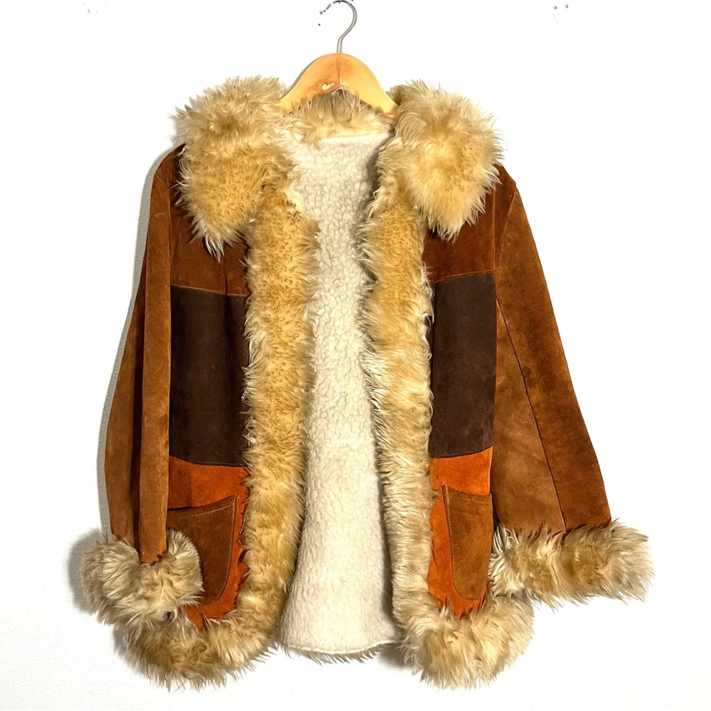 True vintage 70s Penny Lane patchwork suede Jacket Fur Trim coat sz S M as is - Picture 12 of 12